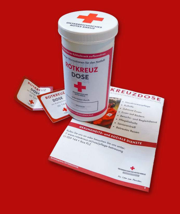 Rotkreuzdose/Notfalldose mit Inhalt (Einlegeblatt und Aufkleber)